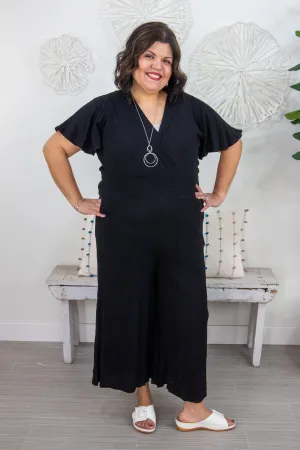 Black Crinkle Short Sleeve Jumpsuit