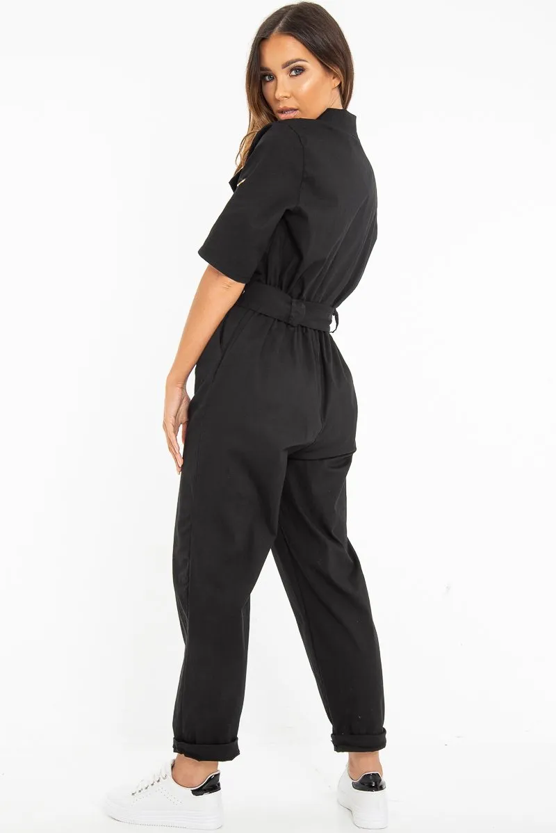 Black Front Button Belted Boiler Jumpsuit - Nyrah