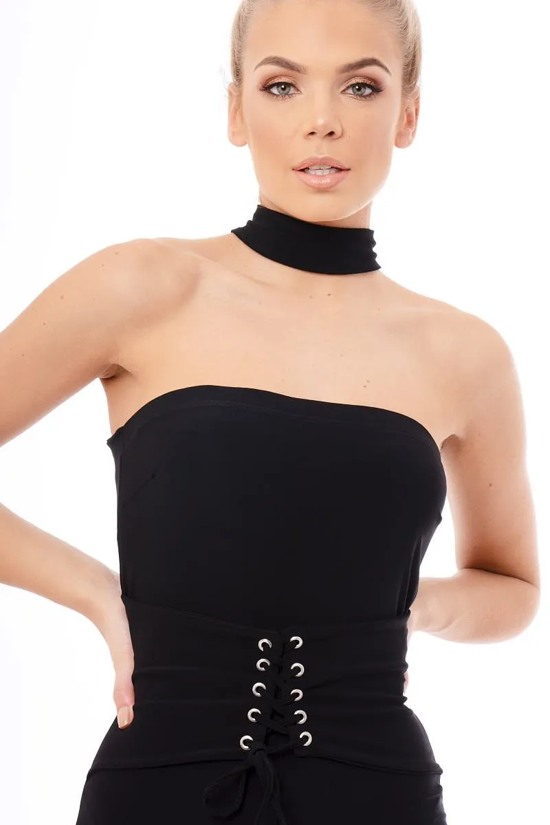 Black Slinky Lace Up Corset Choker Jumpsuit - Daisey