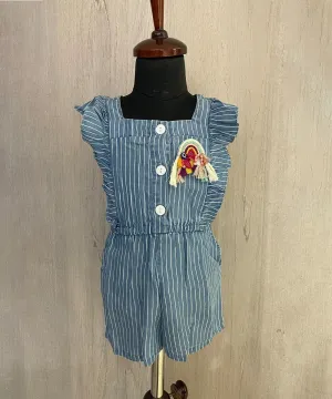 Blue Colored Self-Striped Jumpsuit for Girls