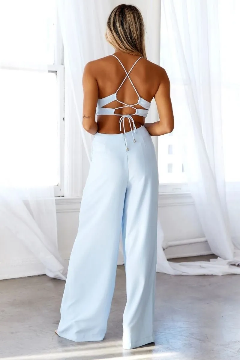 Blue Cut Out Waist Wide Leg Jumpsuit