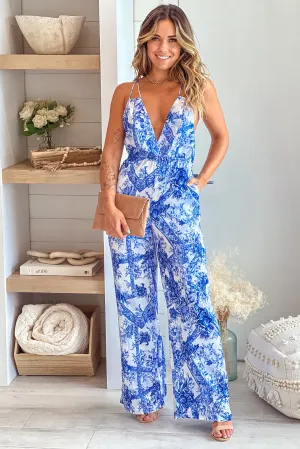 Blue Printed Satin Jumpsuit With Criss Cross Back