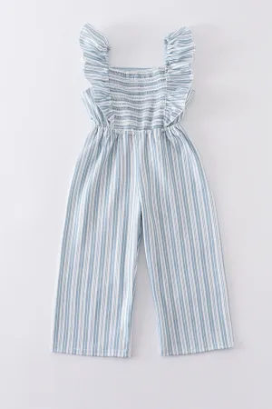 Blue stripe smocked girl jumpsuit