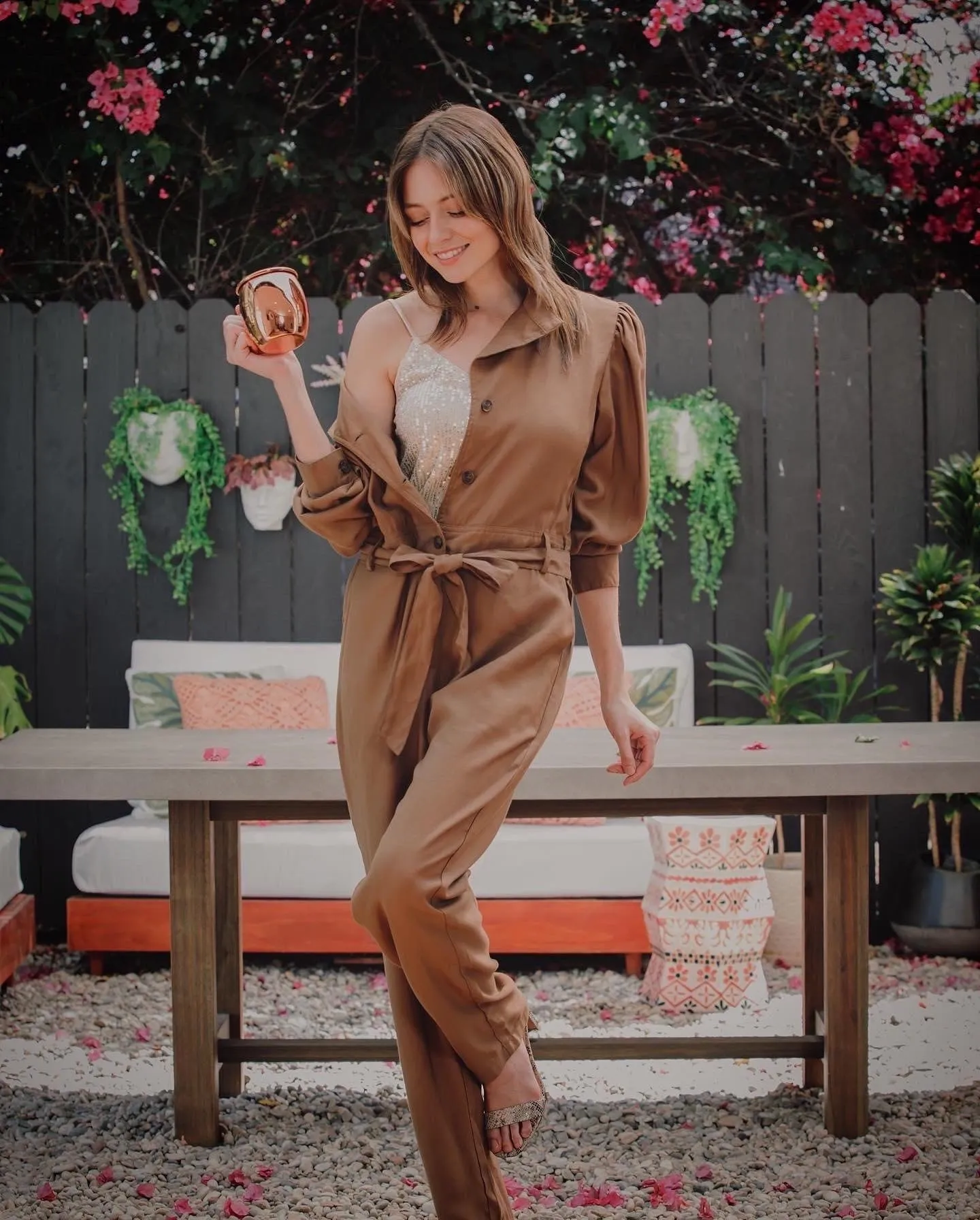 Brown Button/Long Sleeve with Pockets Jumpsuit