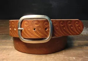 Brown Waves Embossed Full Grain Bridle Leather Belt