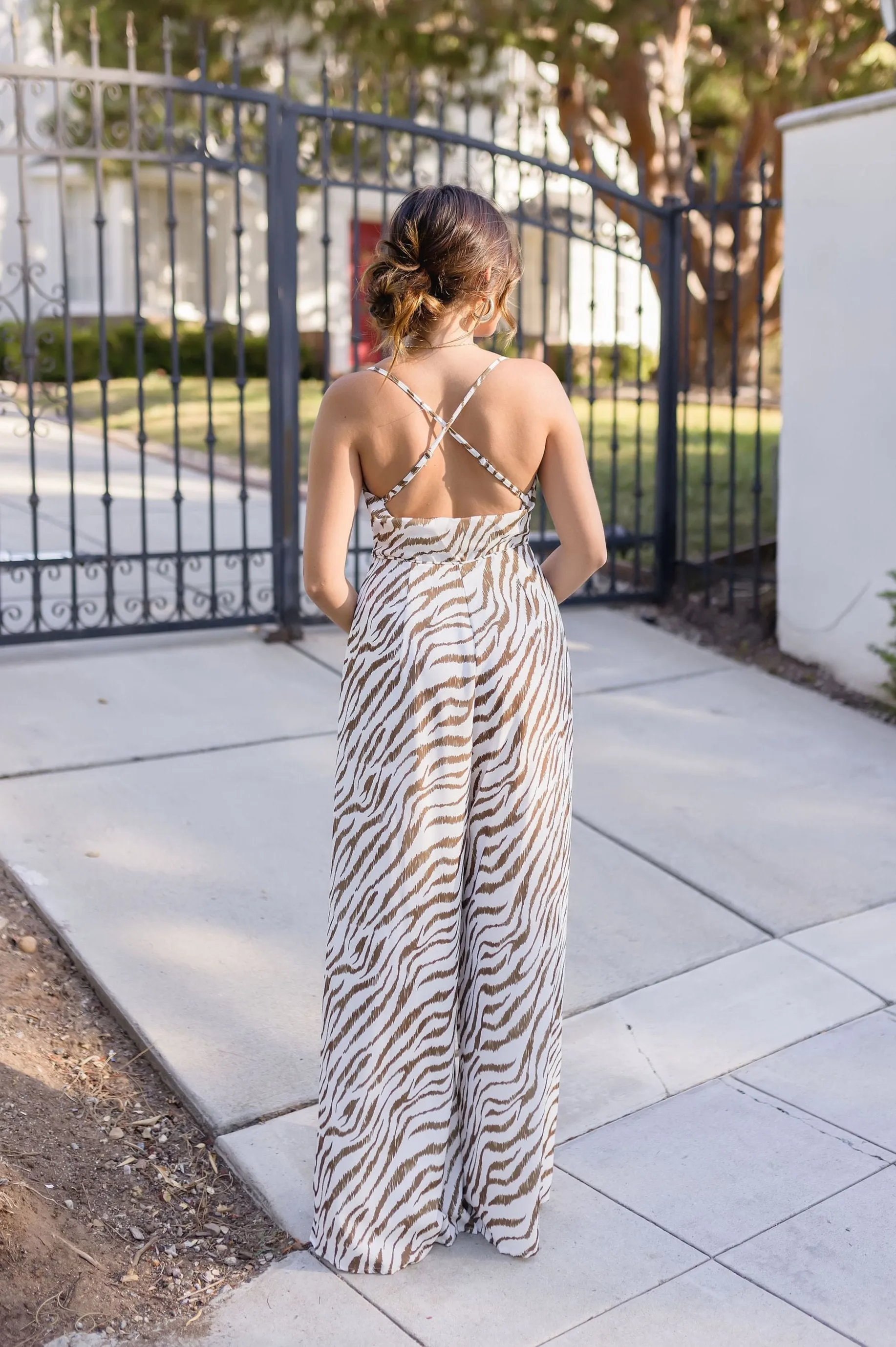 Caelin Sleeveless Cowl Neck Zebra Print Jumpsuit Brown