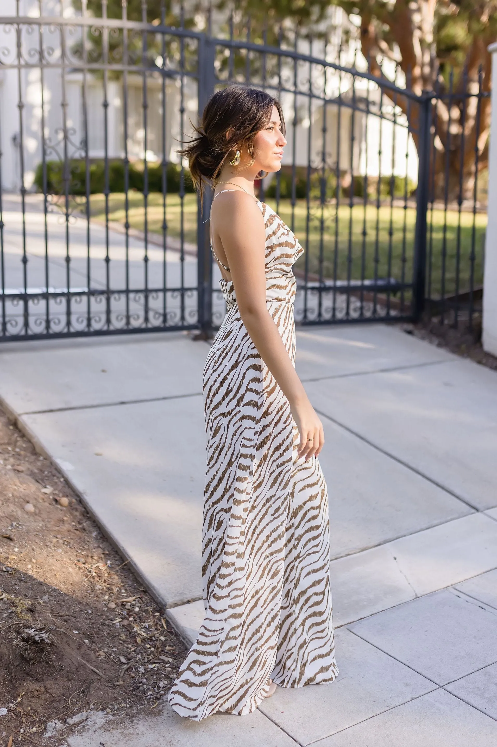 Caelin Sleeveless Cowl Neck Zebra Print Jumpsuit Brown