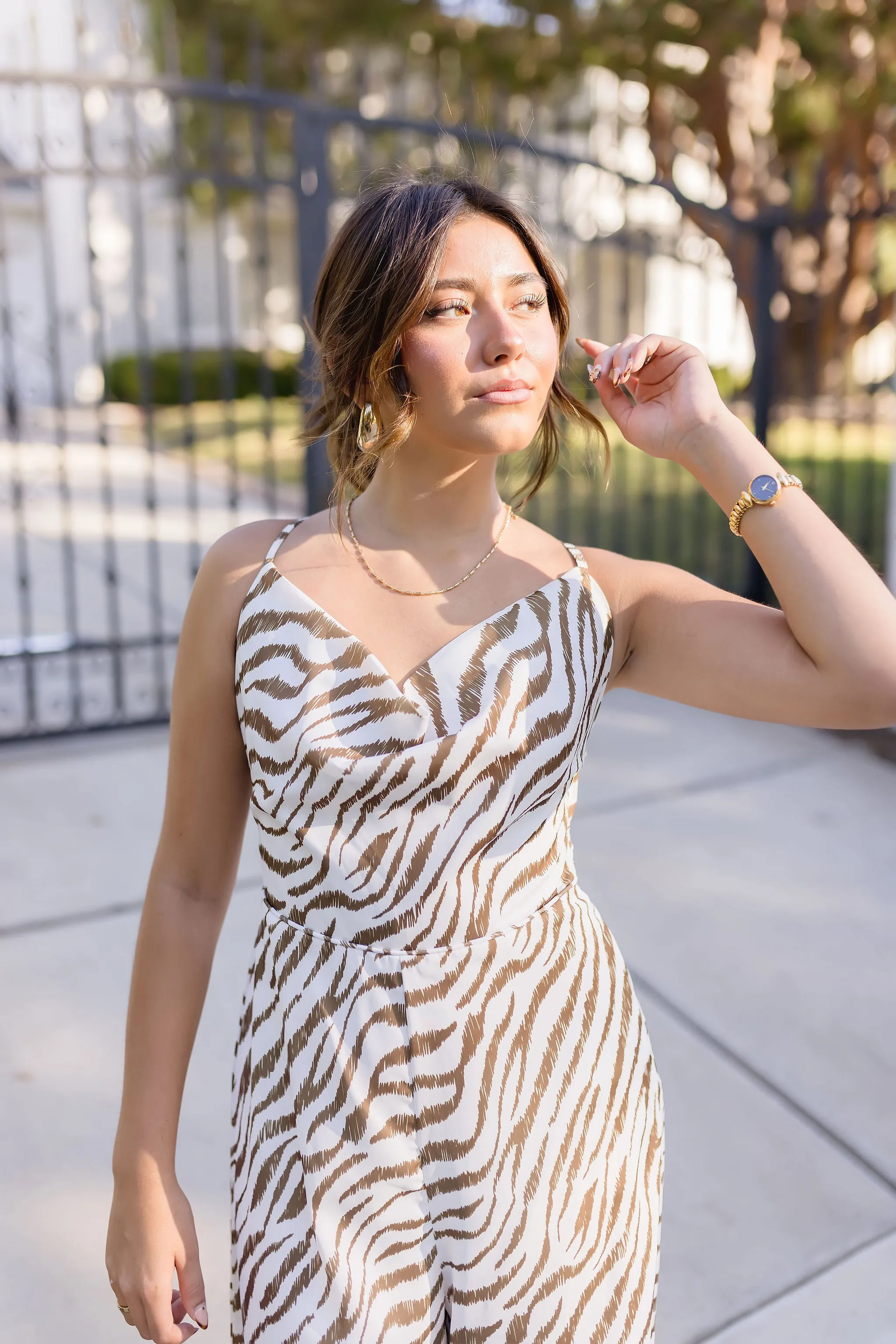 Caelin Sleeveless Cowl Neck Zebra Print Jumpsuit Brown