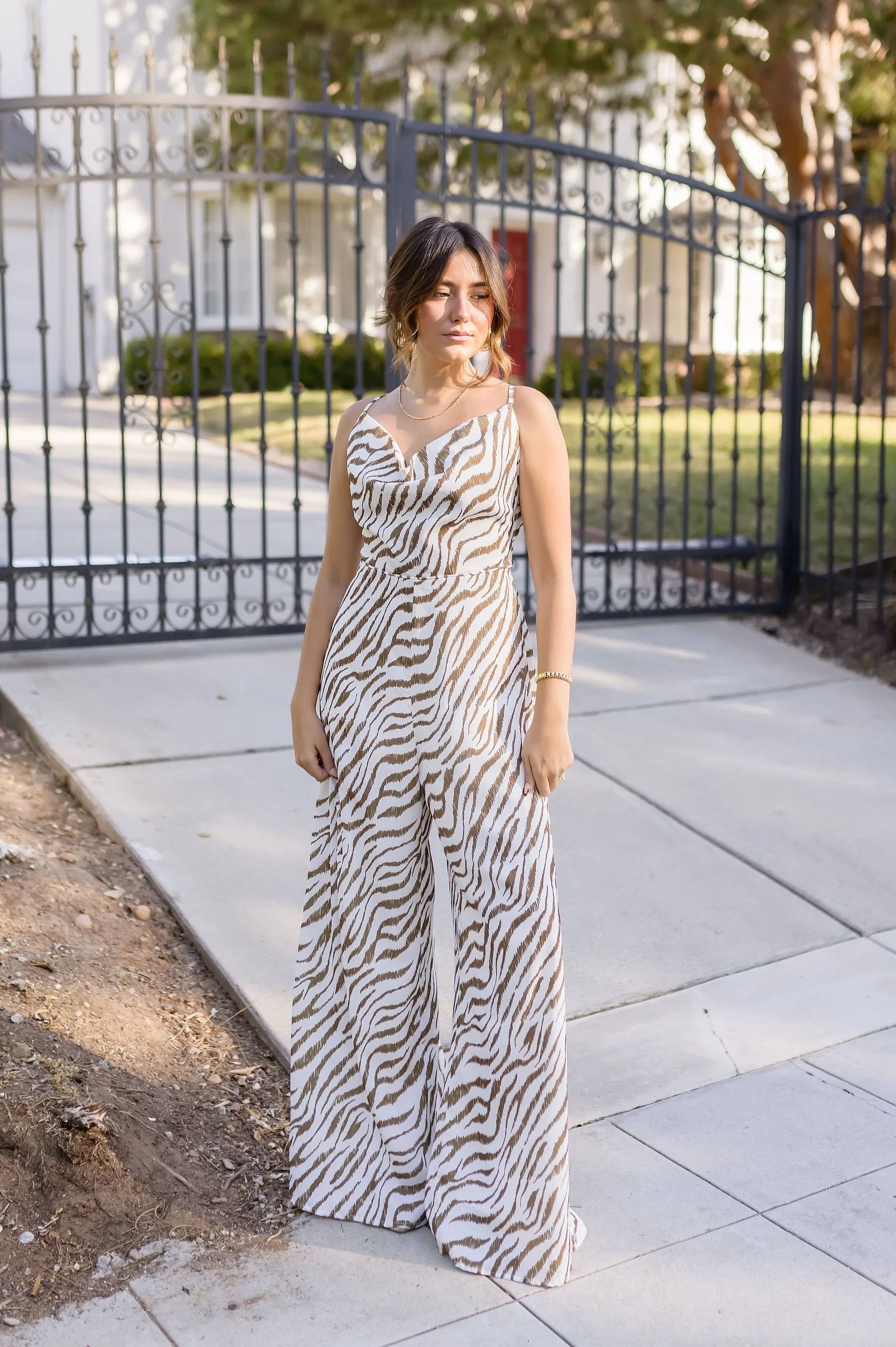 Caelin Sleeveless Cowl Neck Zebra Print Jumpsuit Brown