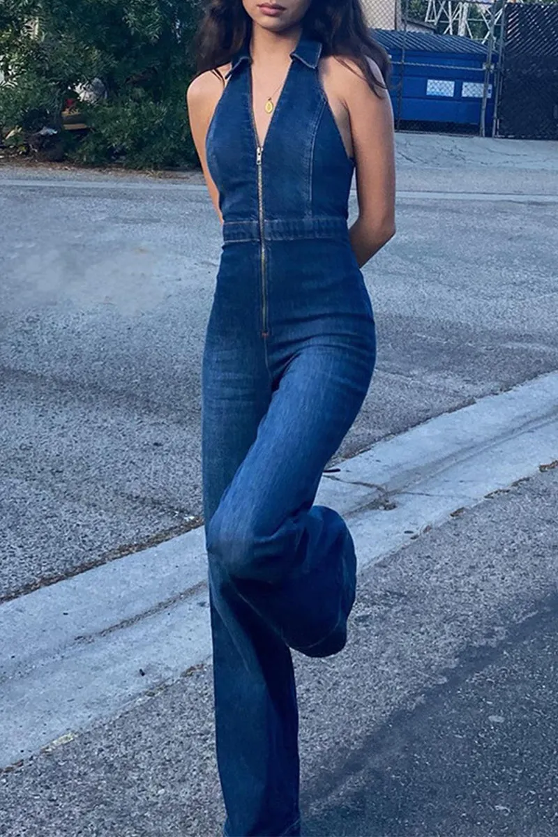 Casual Street Solid Zipper V Neck Sleeveless Regular Denim Jumpsuits