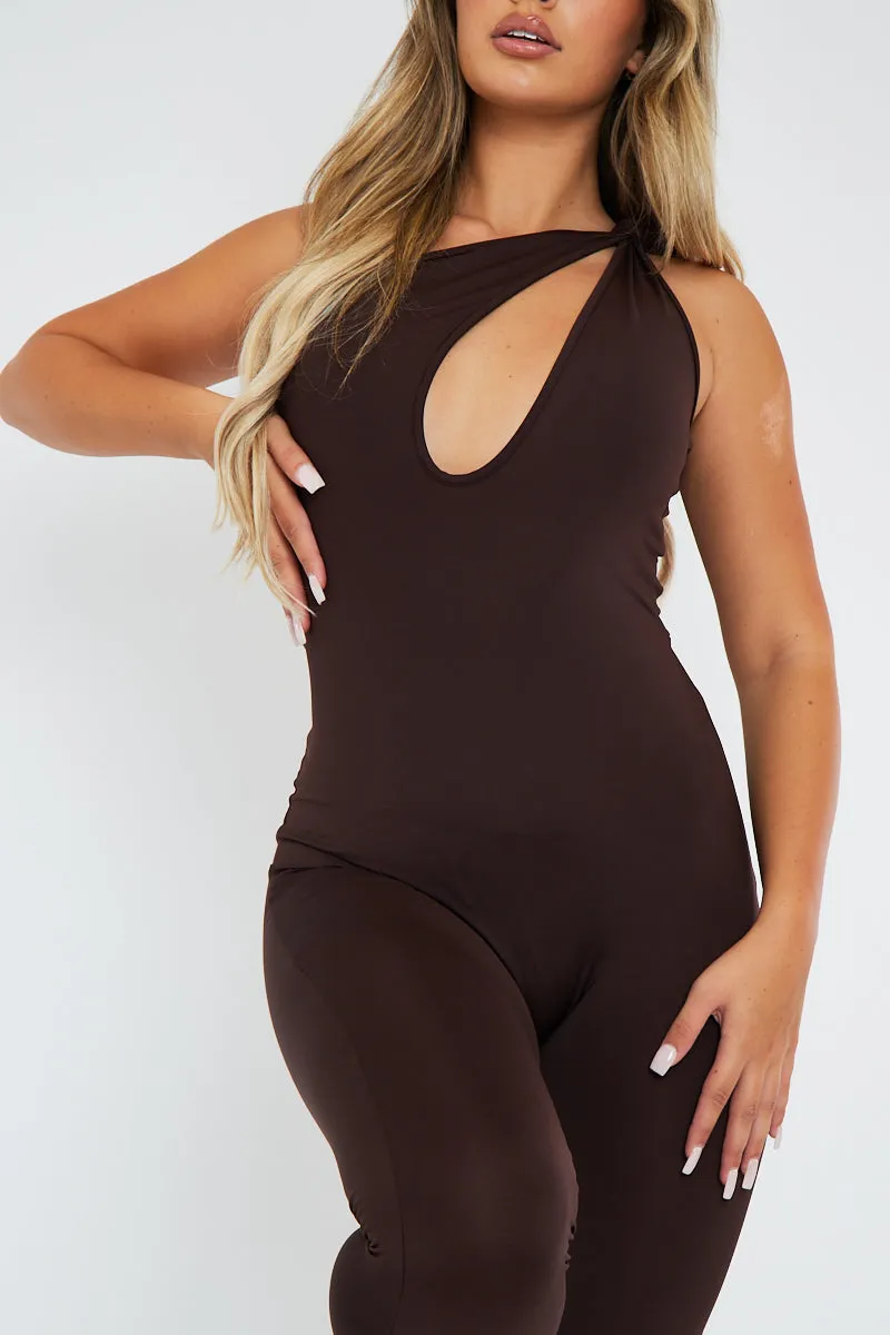 Chocolate Knot Strap Slinky Jumpsuit - Imani