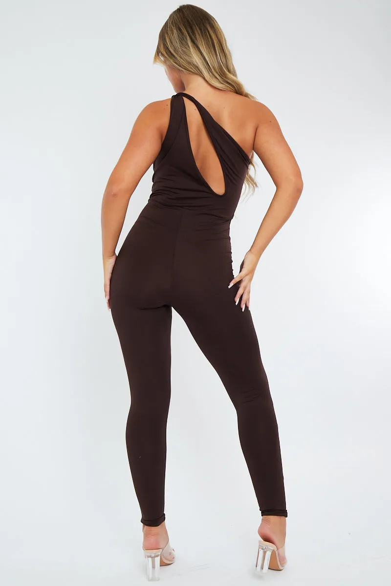 Chocolate Knot Strap Slinky Jumpsuit - Imani