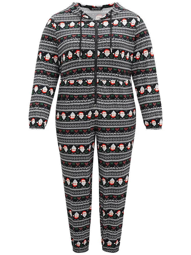 Christmas Print Zipper Hooded Drawstring Sleep Jumpsuit