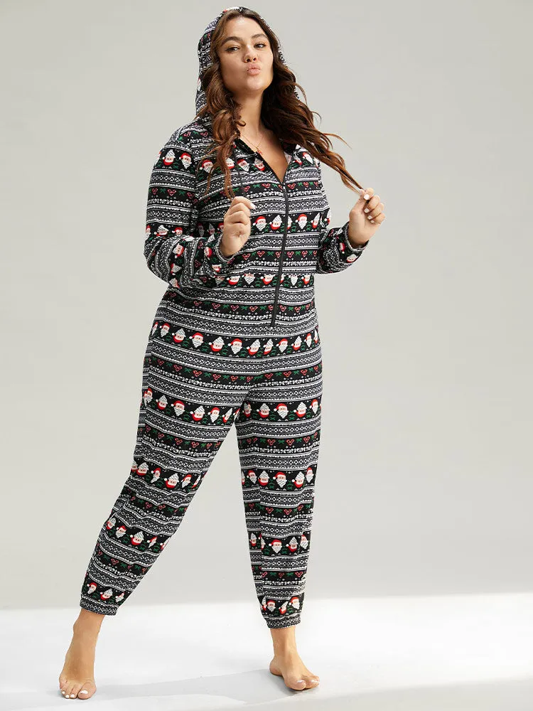 Christmas Print Zipper Hooded Drawstring Sleep Jumpsuit