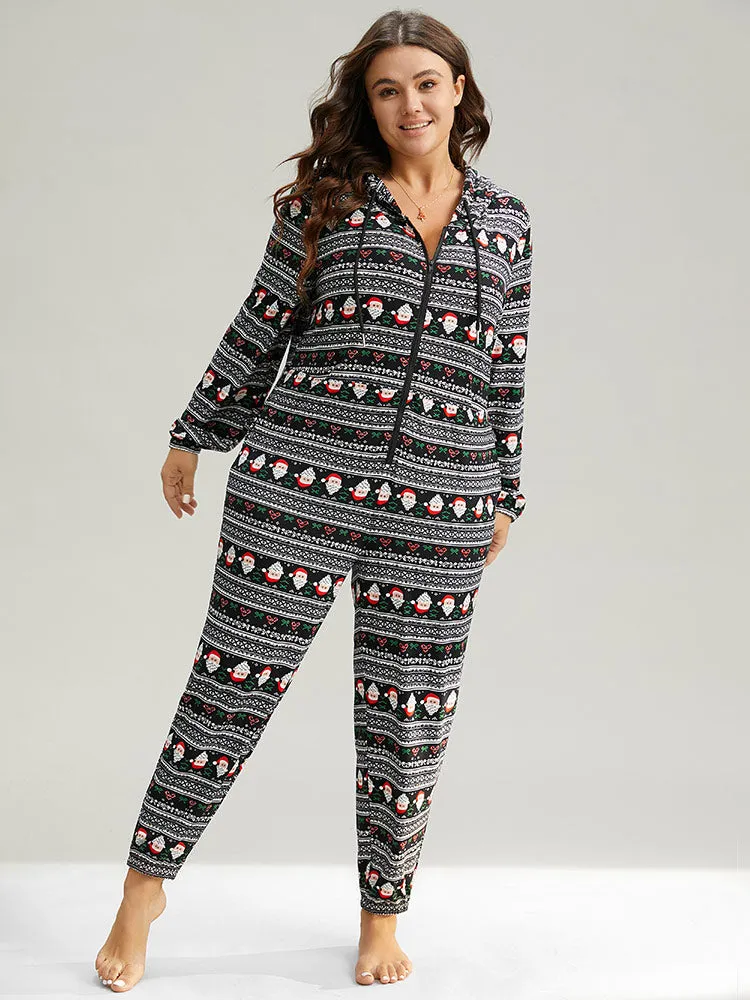 Christmas Print Zipper Hooded Drawstring Sleep Jumpsuit