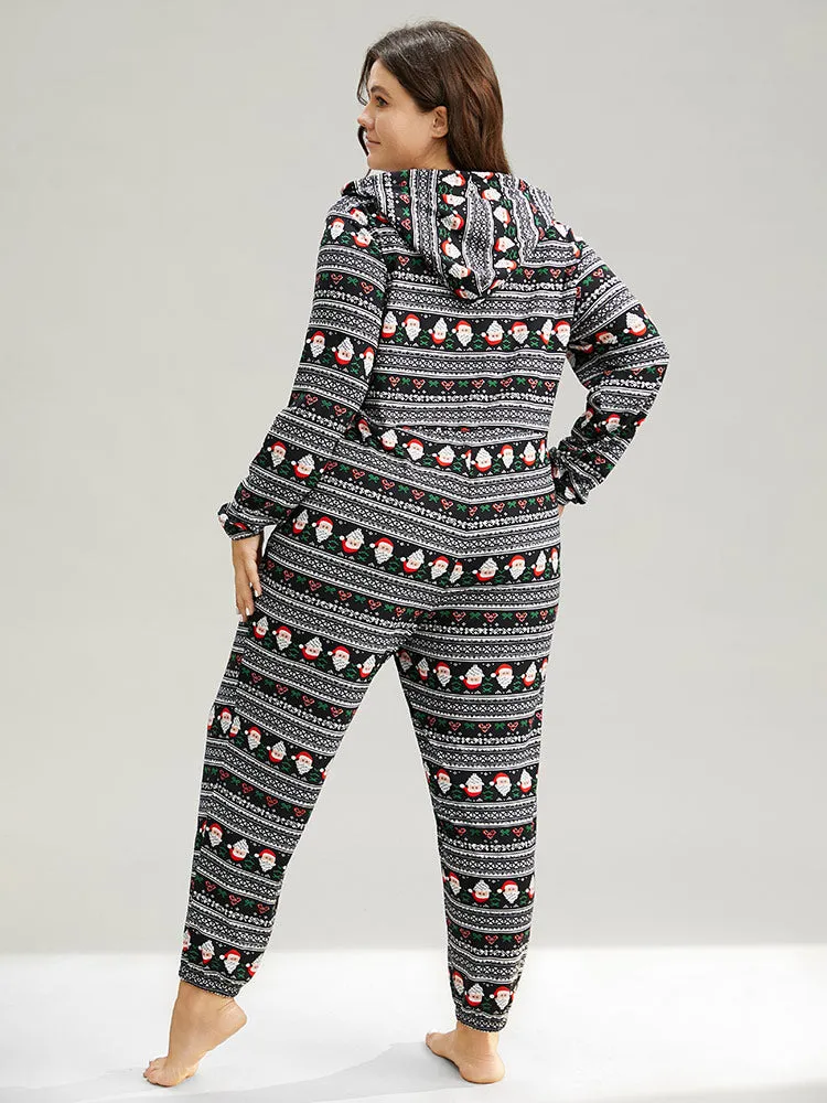 Christmas Print Zipper Hooded Drawstring Sleep Jumpsuit