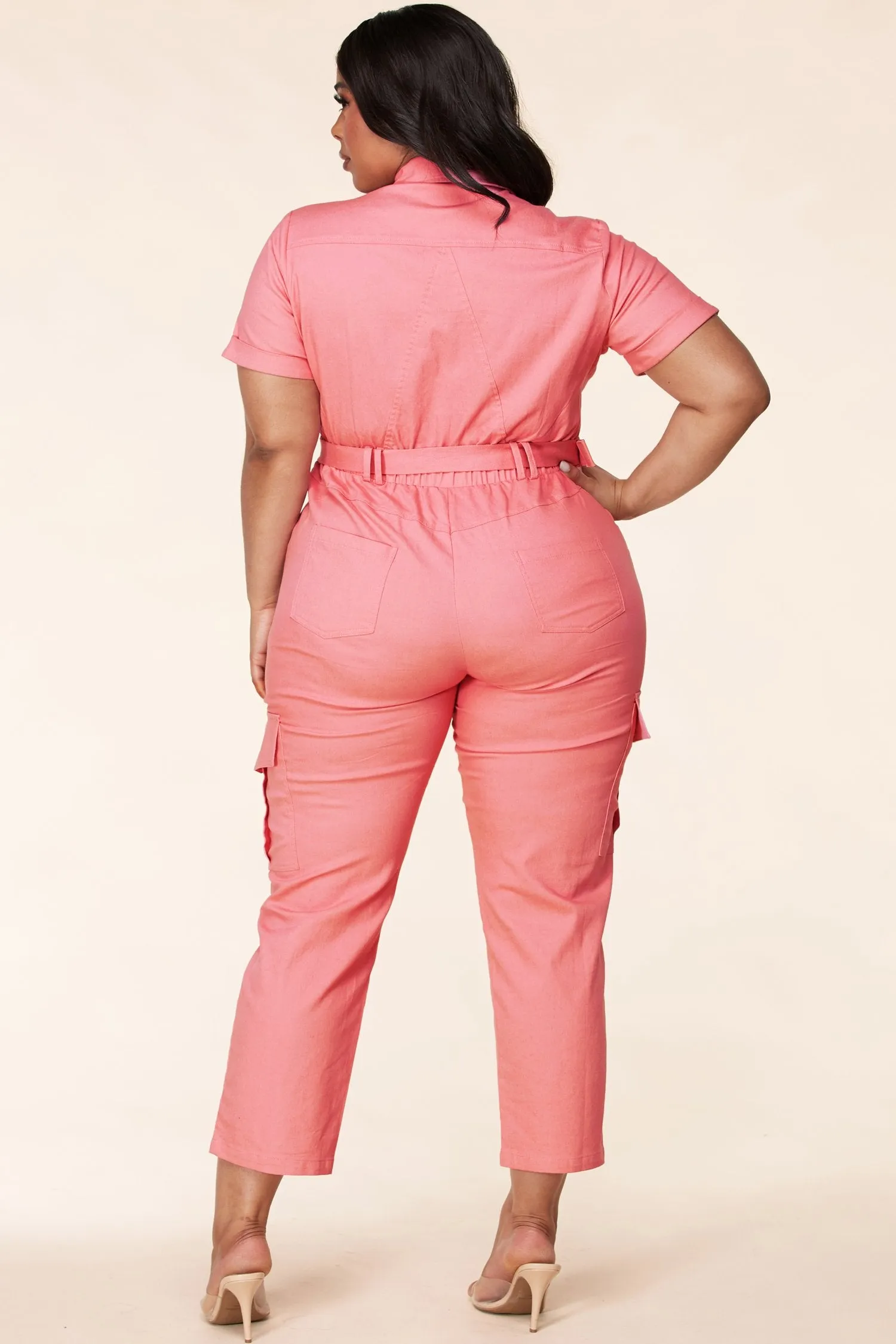 Coral Pink Zip-up Short Sleeve Collared Tapered Jumpsuit