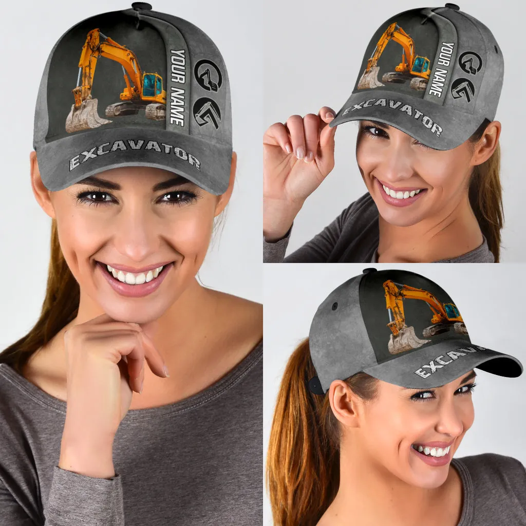 Customized Excavator Heavy Equipment Classic Cap Hat For Woker, Excavator 3D Baseball Hat Cap