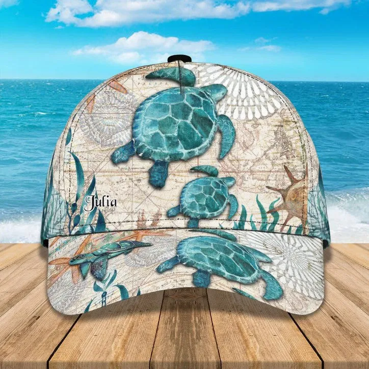 Customized Turtle Art Summer 3D Baseball Cap, Turtle Hat for Husband and Wife