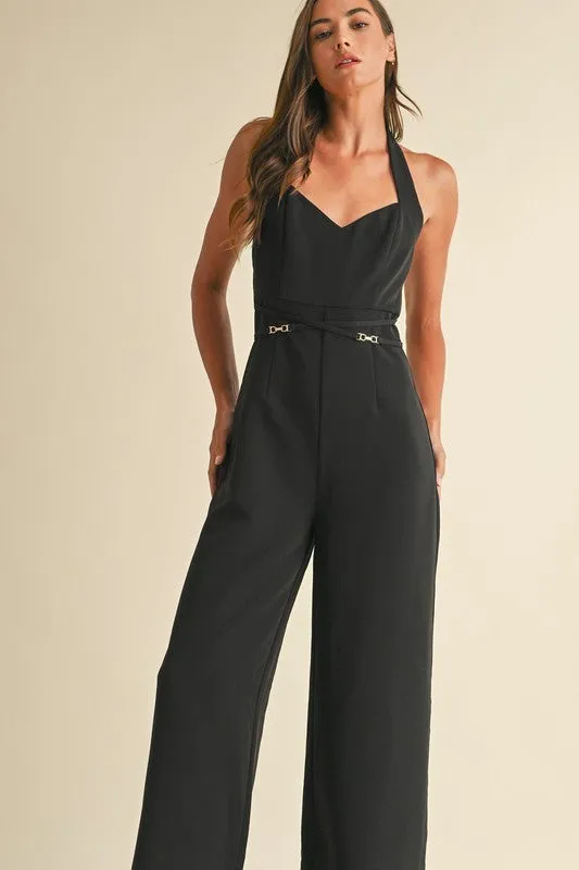 Delaney Sleeveless Halter Neckline Wide Leg Jumpsuit Black