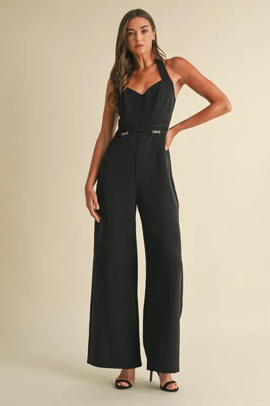 Delaney Sleeveless Halter Neckline Wide Leg Jumpsuit Black