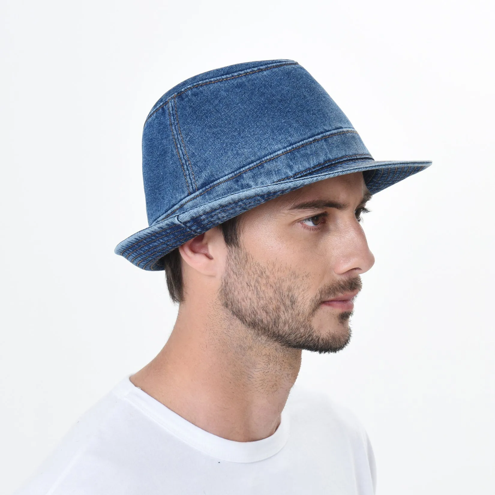 Denim Bucket Hat Plain Stitch Washed Short Brim Packable Fedora Cap DW6646