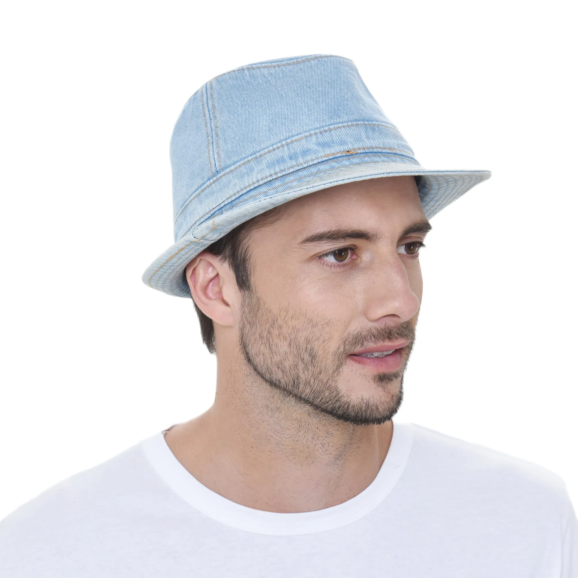 Denim Bucket Hat Plain Stitch Washed Short Brim Packable Fedora Cap DW6646