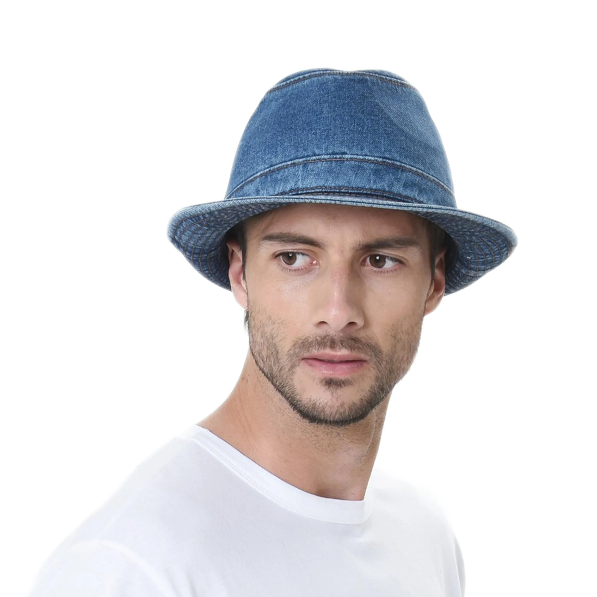 Denim Bucket Hat Plain Stitch Washed Short Brim Packable Fedora Cap DW6646