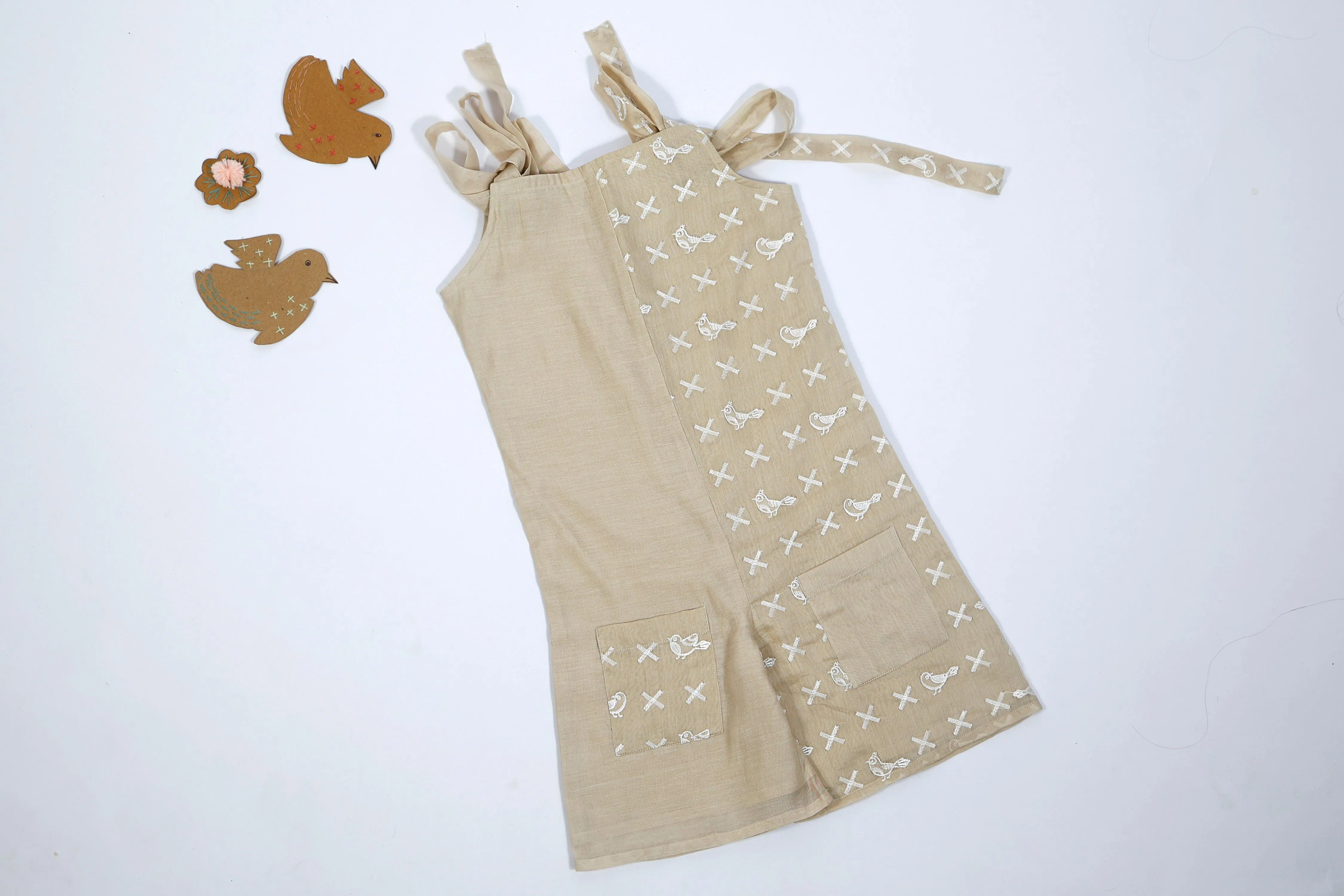 Designer Chanderi JumpSuit with Embroidered for Girls - Beige