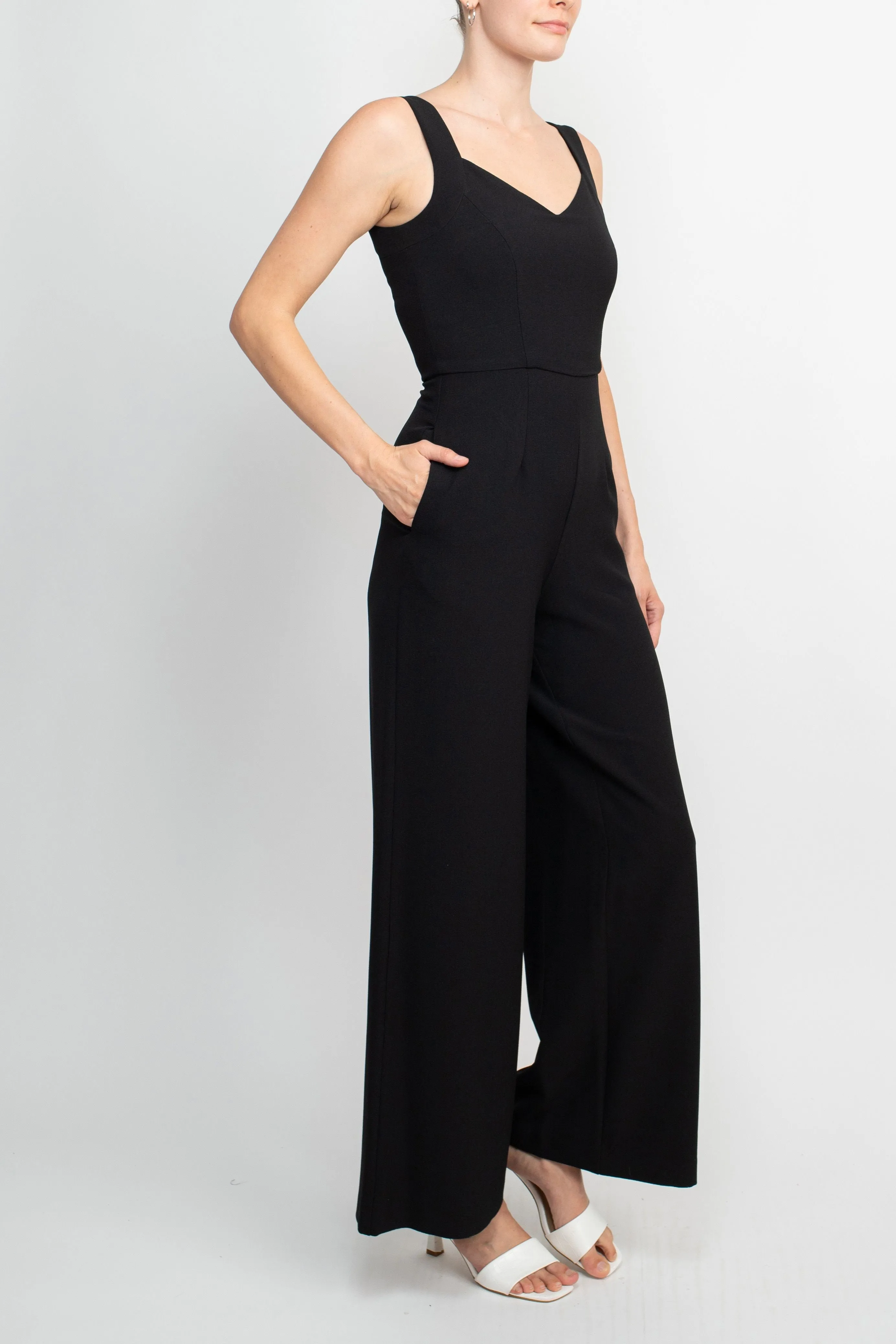 Donna Ricco V-Neck Sleeveless Zipper Back Pockets Solid Crepe Jumpsuit