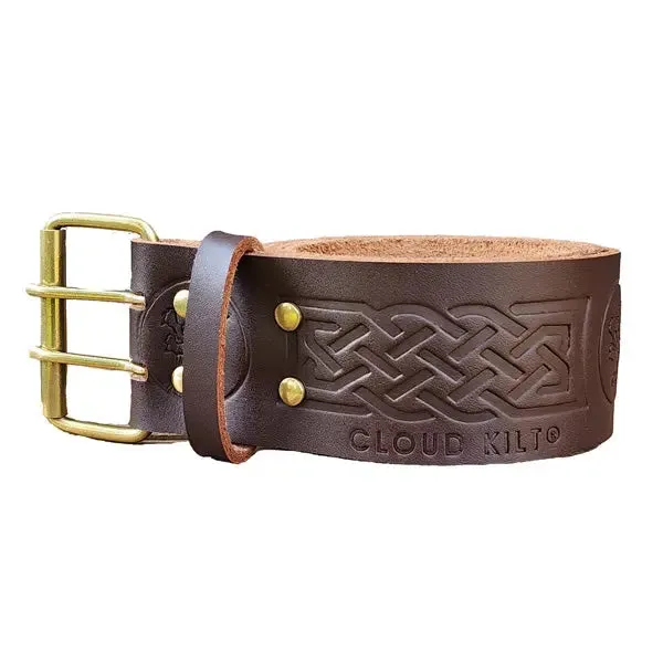 Double Prong Thistle Embossed Brown Leather Kilt Belt