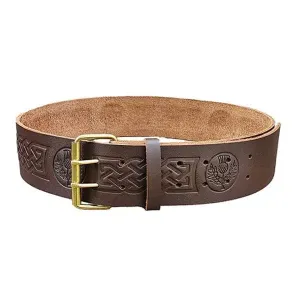 Double Prong Thistle Embossed Brown Leather Kilt Belt