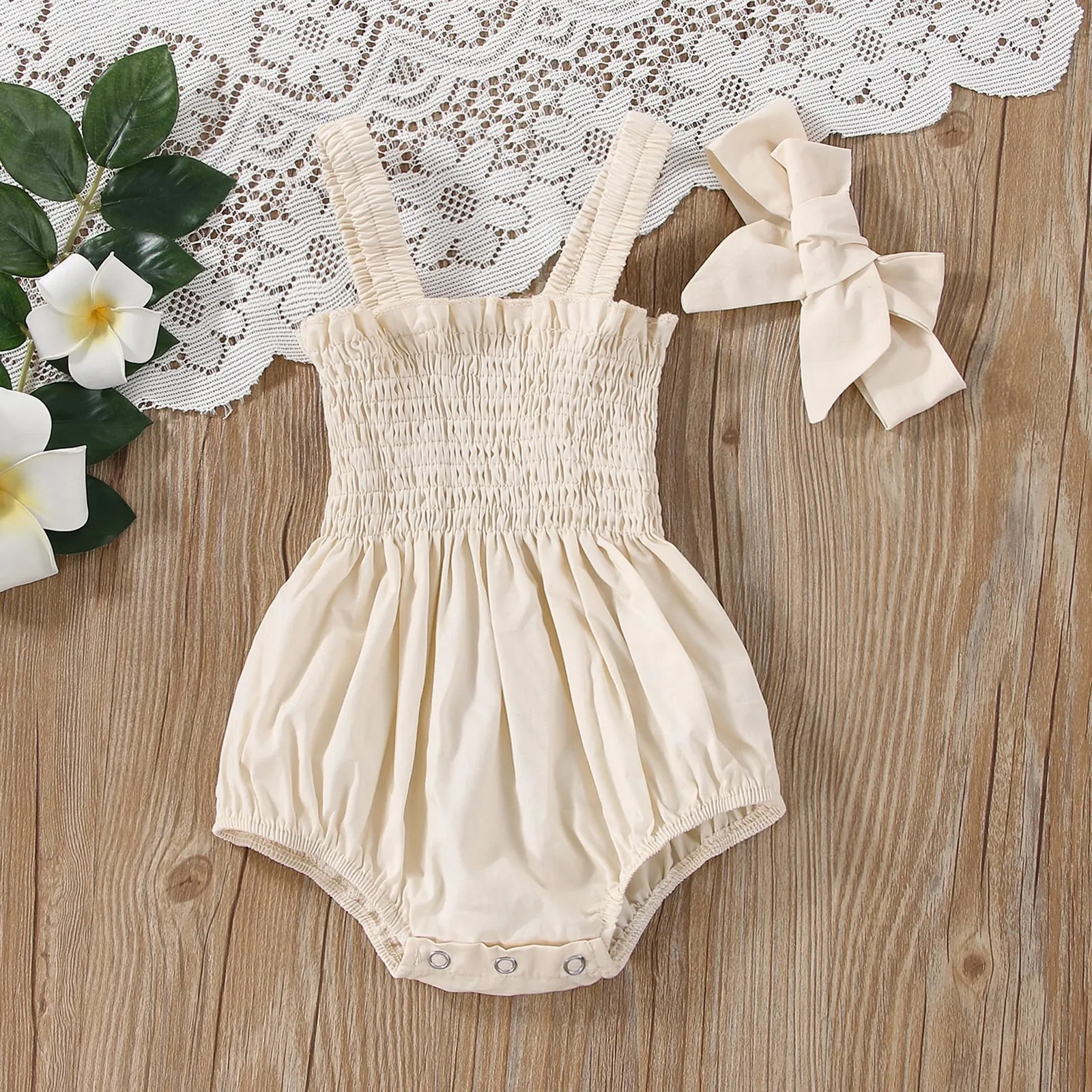 Earthtone Elegance: Infant Baby Girls Summer Elastic Jumpsuit With Bow Headband