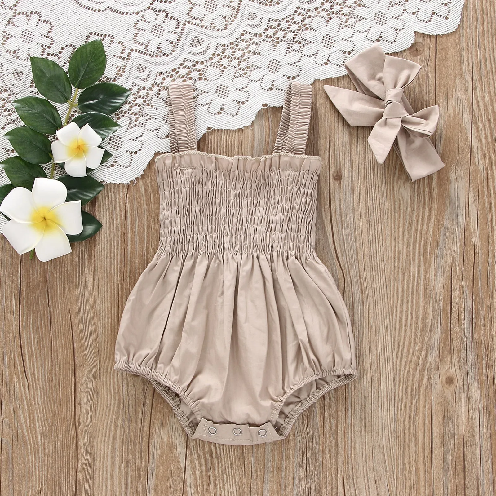 Earthtone Elegance: Infant Baby Girls Summer Elastic Jumpsuit With Bow Headband