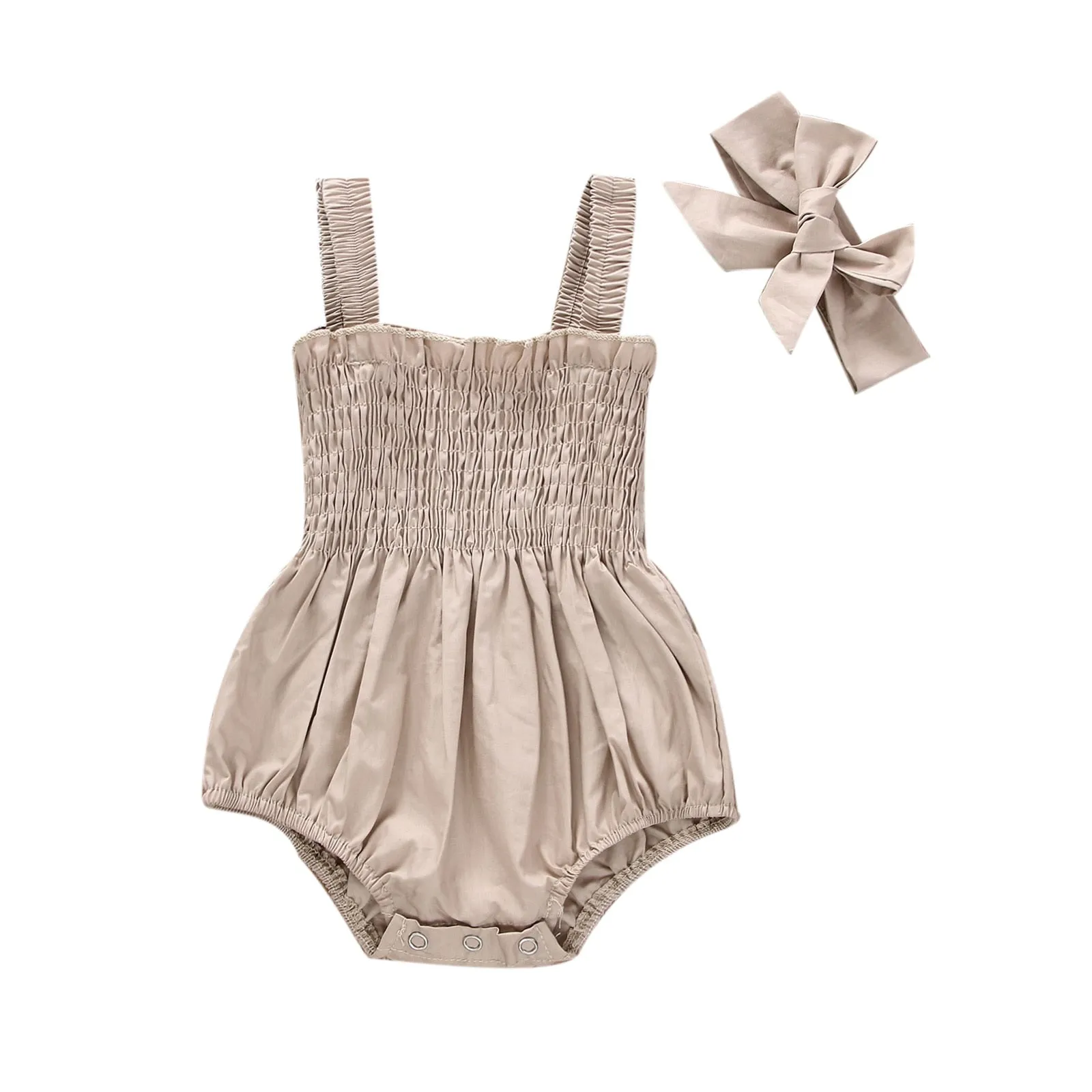 Earthtone Elegance: Infant Baby Girls Summer Elastic Jumpsuit With Bow Headband