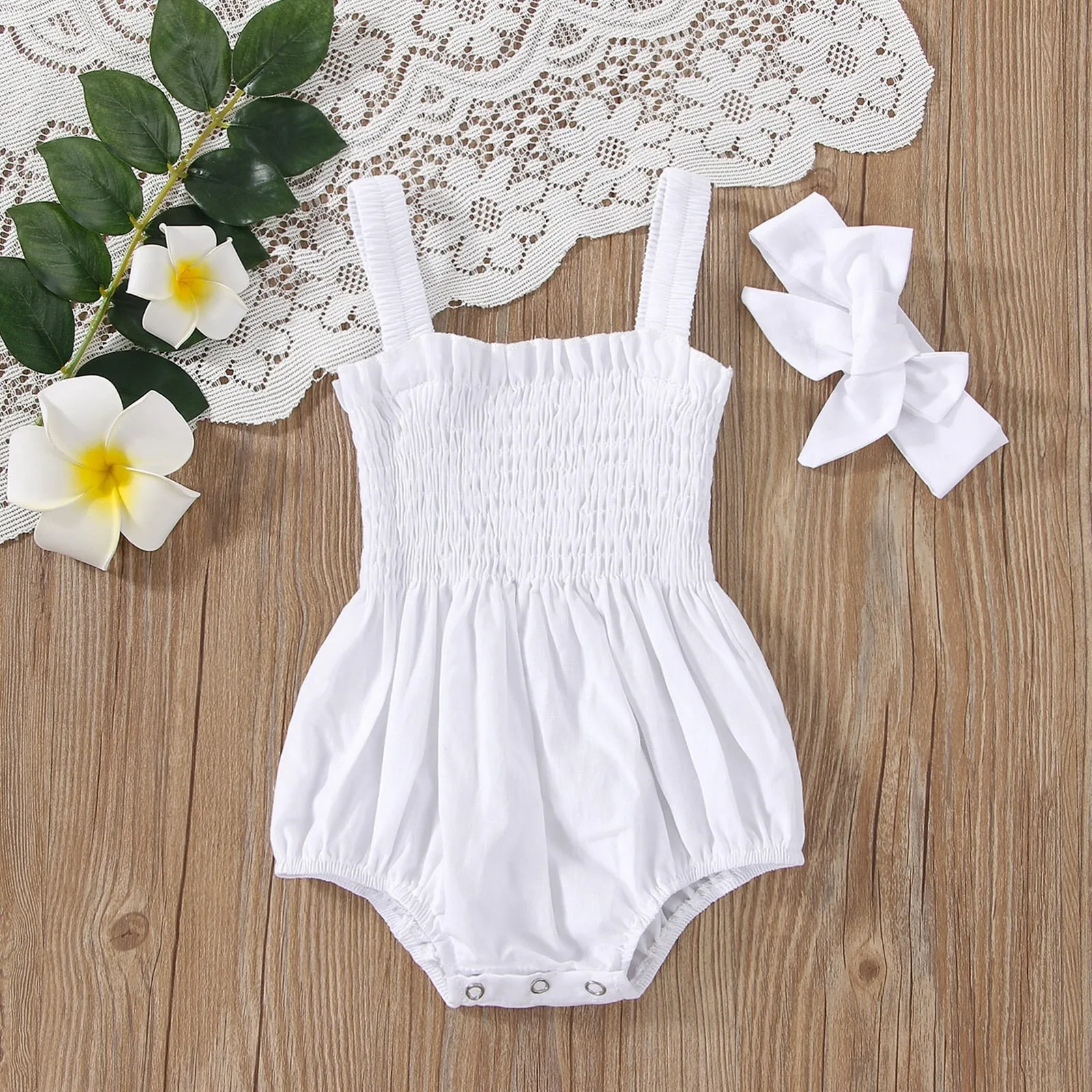 Earthtone Elegance: Infant Baby Girls Summer Elastic Jumpsuit With Bow Headband