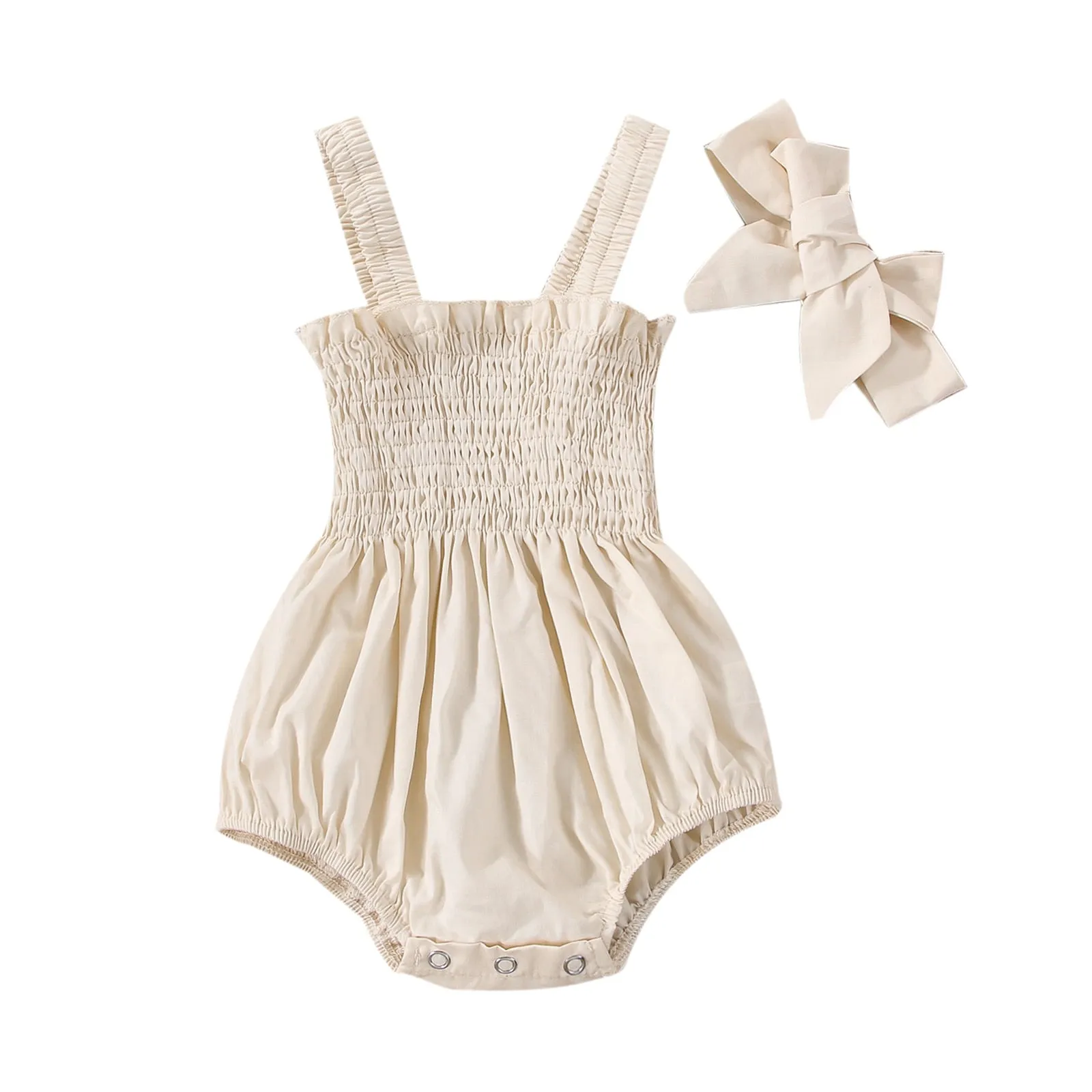 Earthtone Elegance: Infant Baby Girls Summer Elastic Jumpsuit With Bow Headband