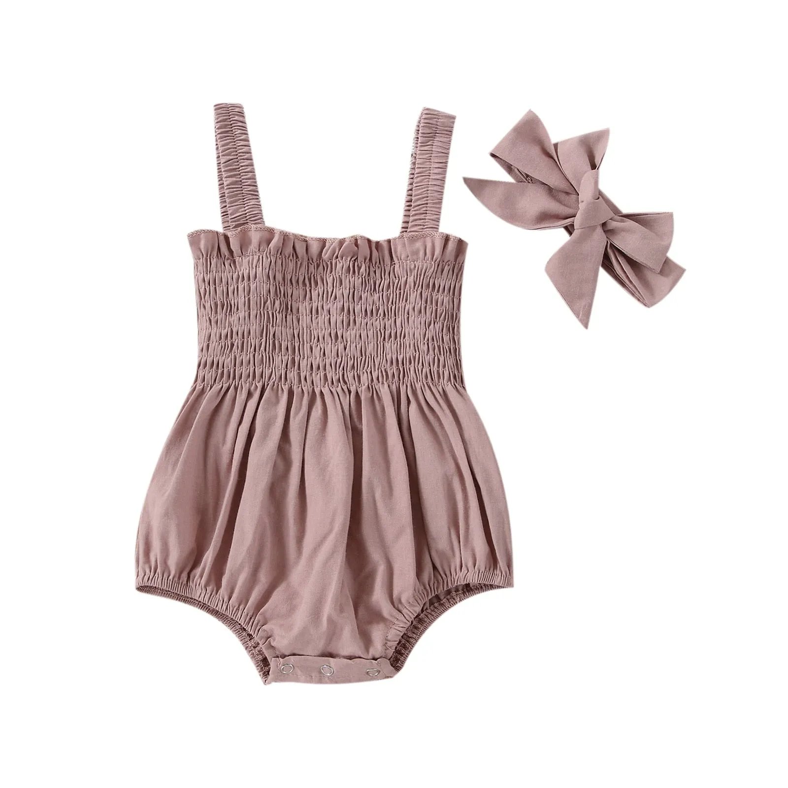 Earthtone Elegance: Infant Baby Girls Summer Elastic Jumpsuit With Bow Headband