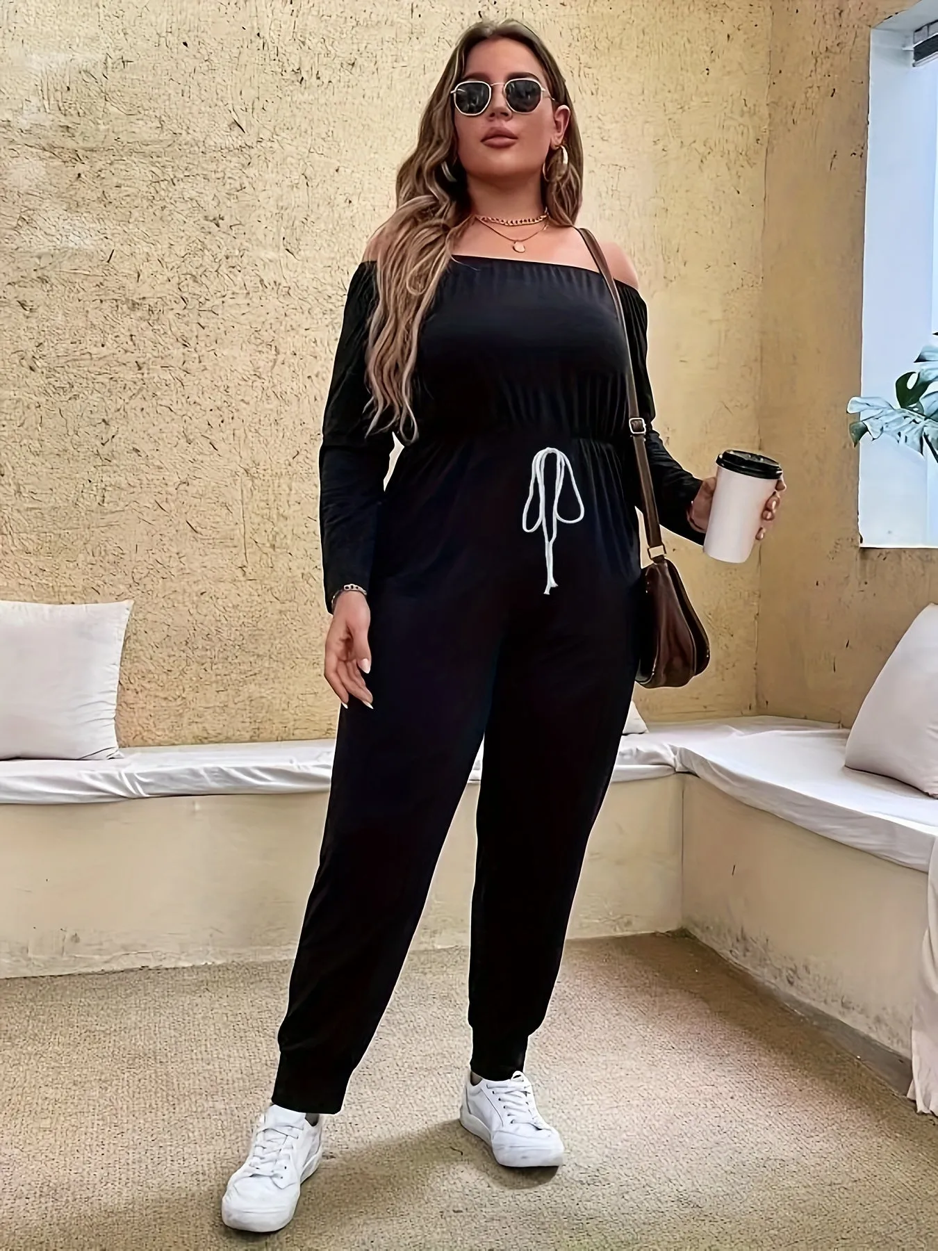 Effortless Sophistication Women's Plus Solid Off-Shoulder Knot Jumpsuit