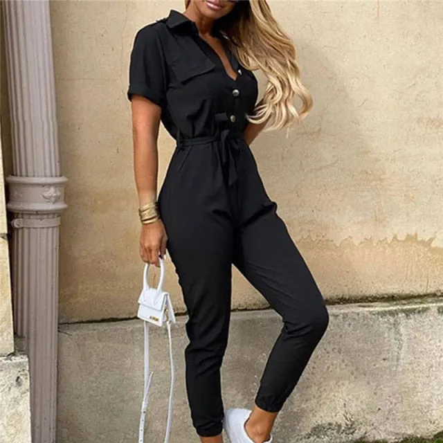 Elegant Solid Jumpsuit Women Summer  Deep V Neck Button Shirt Overalls Short Sleeve Office Lady One Piece Romper Belt