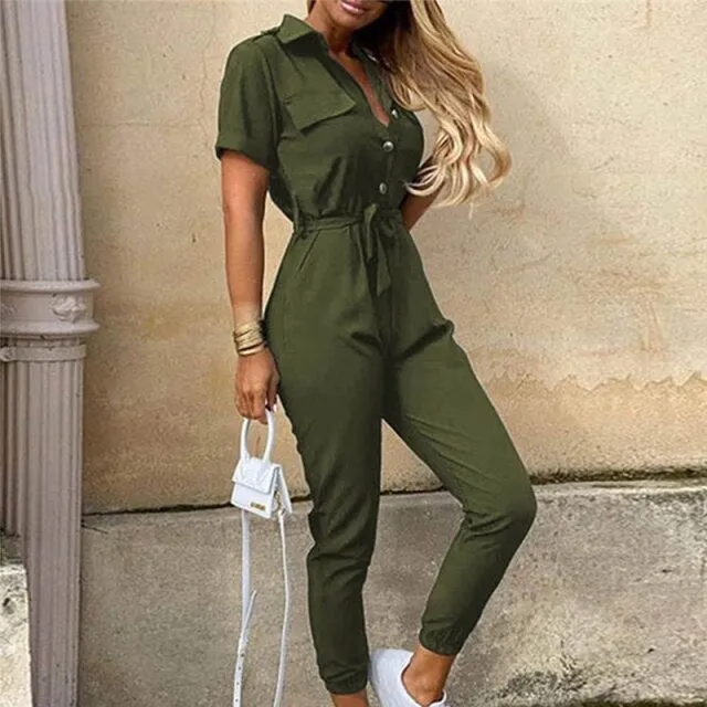 Elegant Solid Jumpsuit Women Summer  Deep V Neck Button Shirt Overalls Short Sleeve Office Lady One Piece Romper Belt