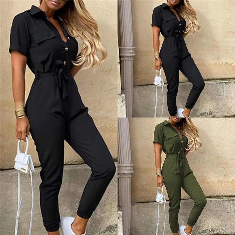 Elegant Solid Jumpsuit Women Summer  Deep V Neck Button Shirt Overalls Short Sleeve Office Lady One Piece Romper Belt