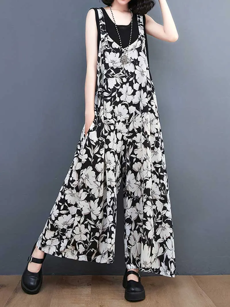 Floral Print Cotton Wide-Leg Overall Jumpsuit