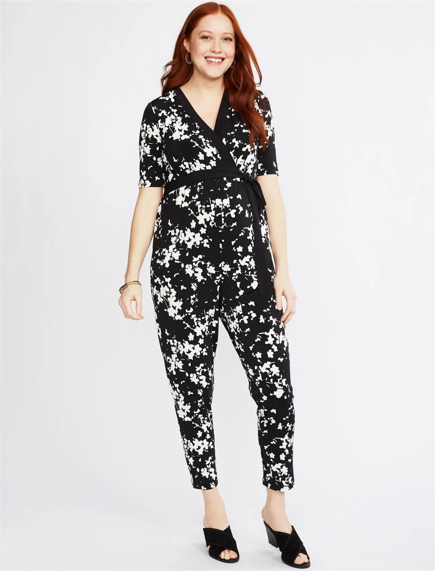 Floral Print Wrap Maxi Maternity Jumpsuit in Black Floral