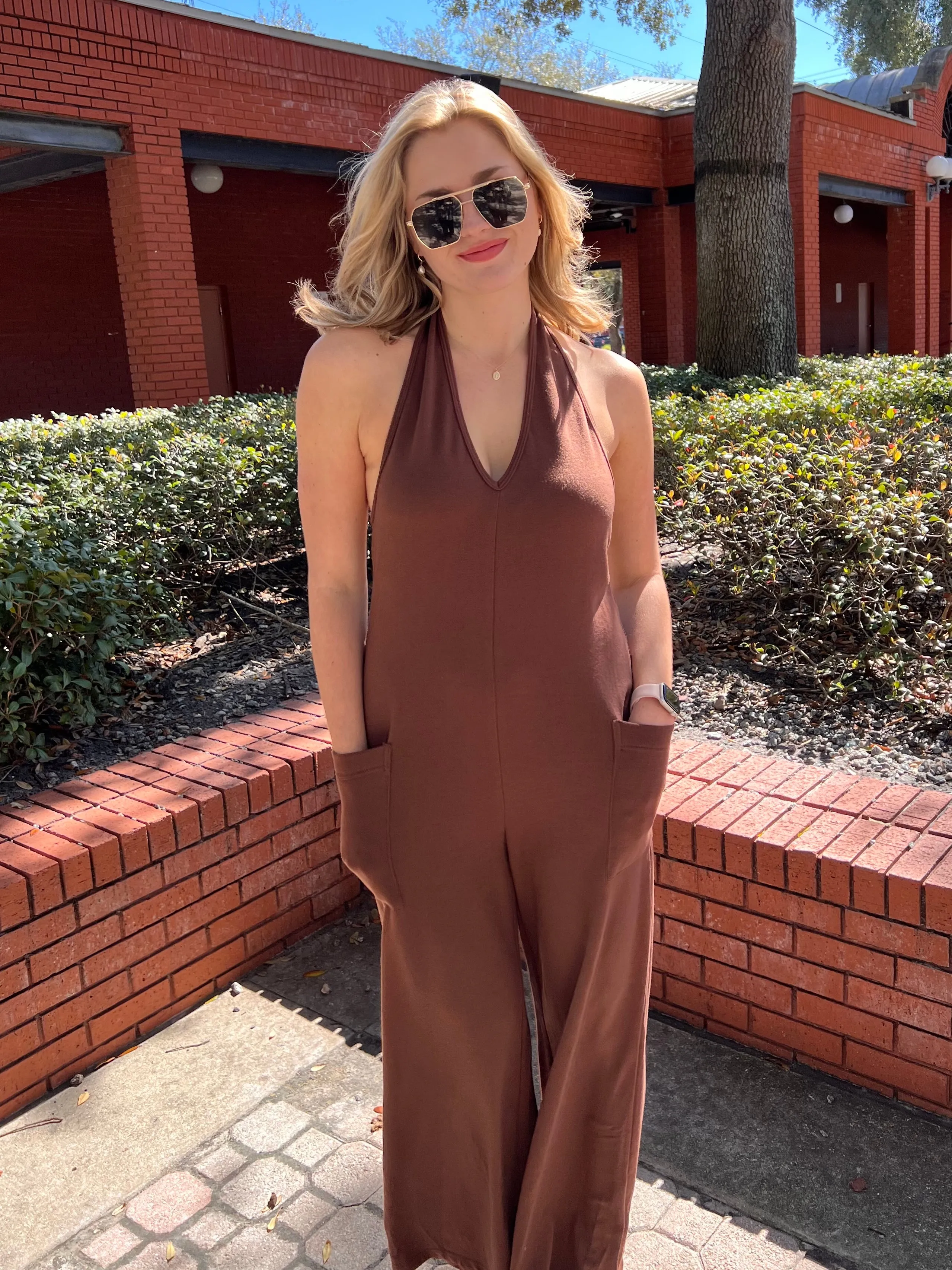 FRANKIE HALTER NECK JUMPSUIT IN COCOA