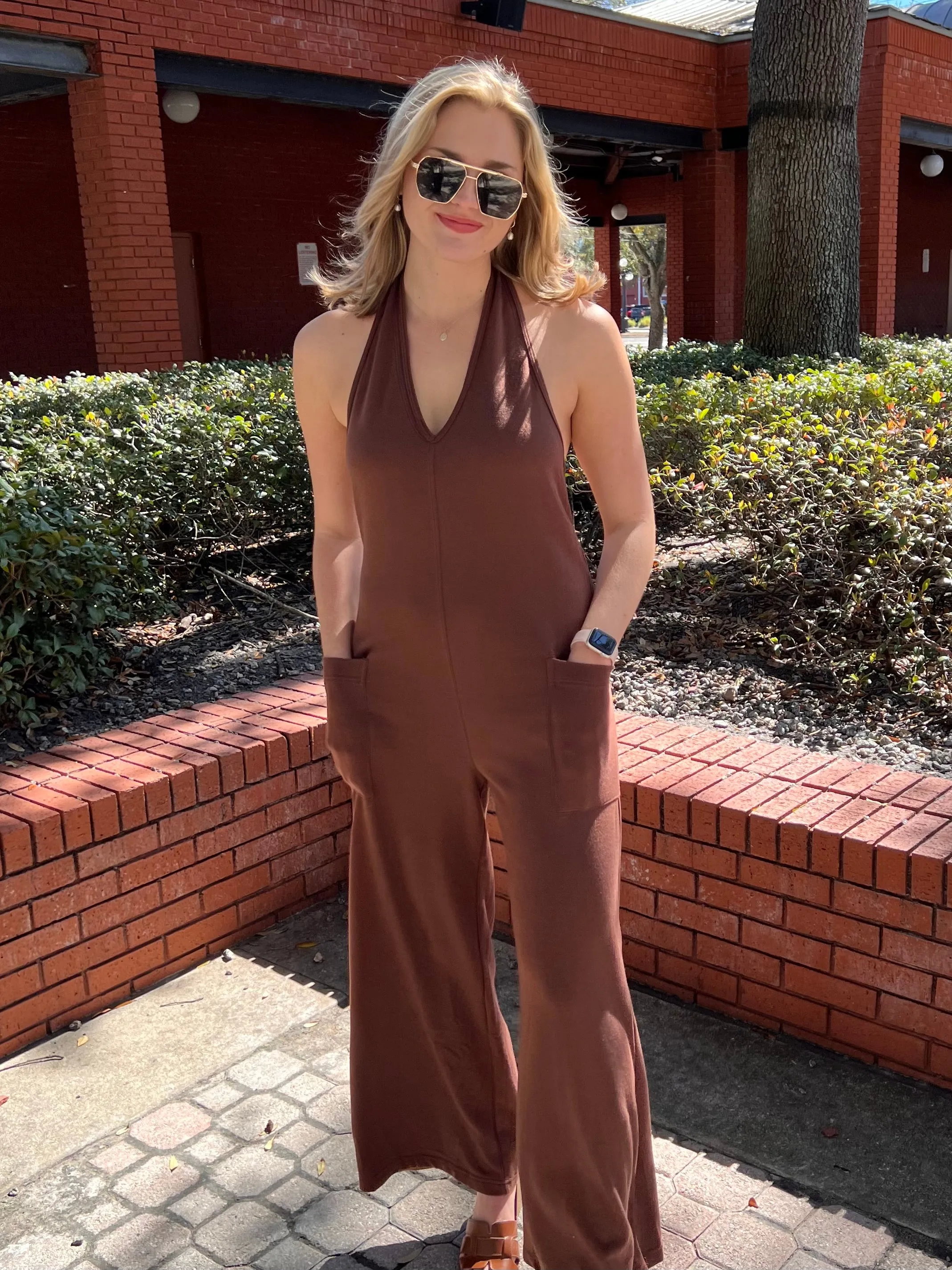 FRANKIE HALTER NECK JUMPSUIT IN COCOA