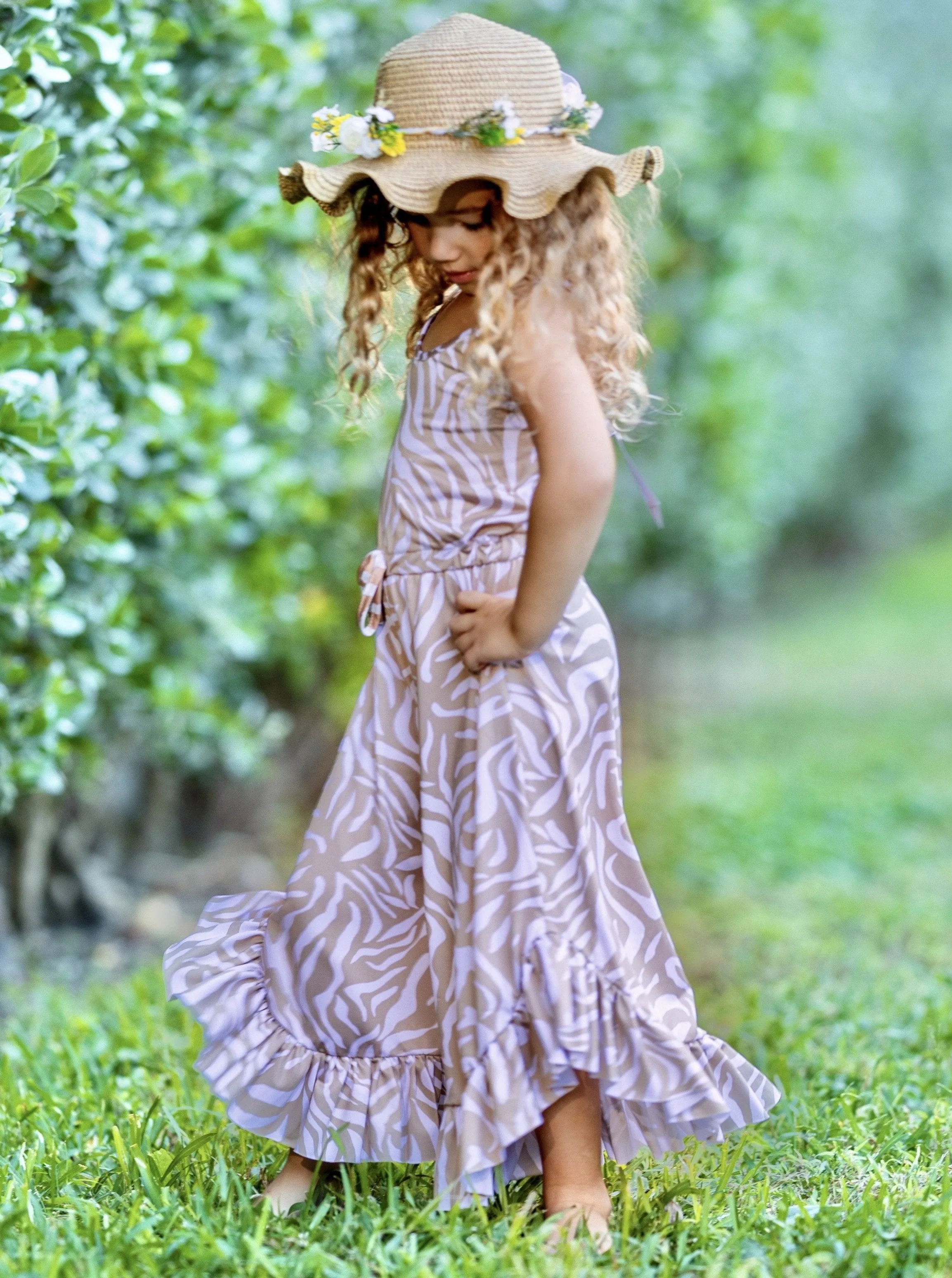 Girls Boho Drawstring Ruffled Palazzo Jumpsuit