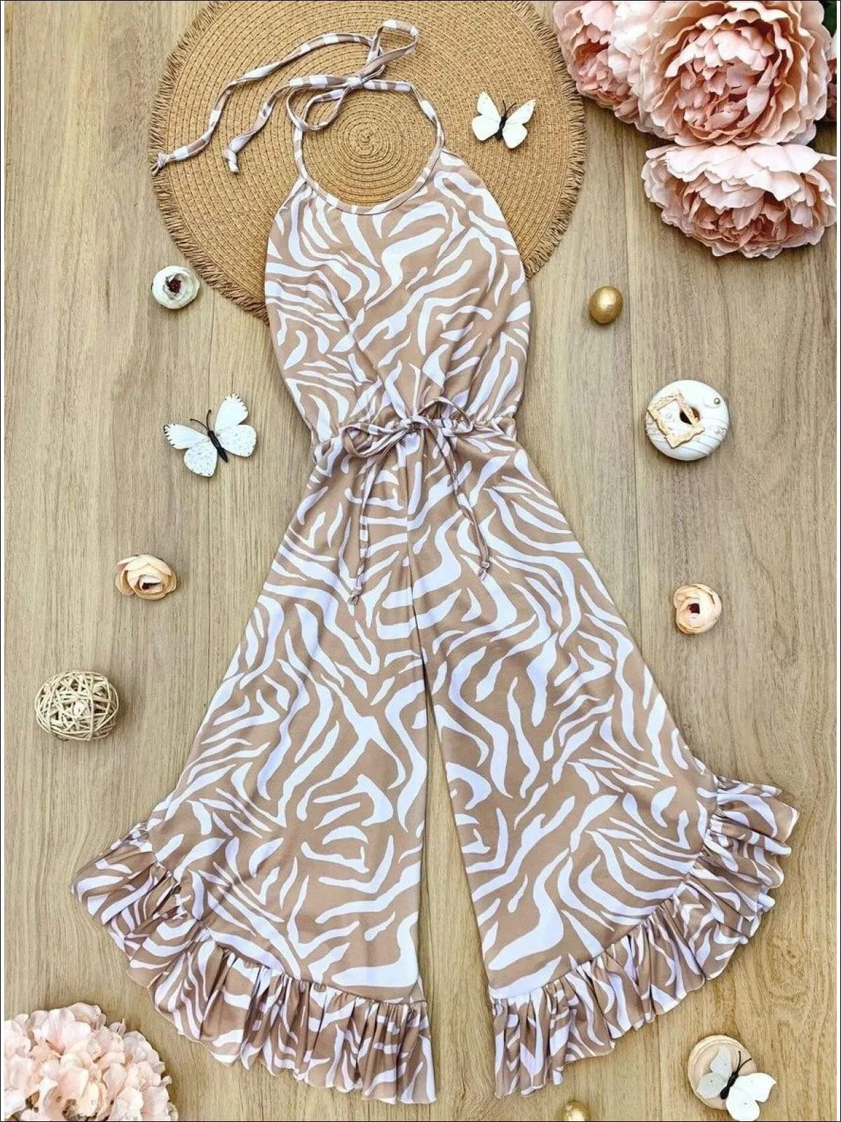 Girls Boho Drawstring Ruffled Palazzo Jumpsuit