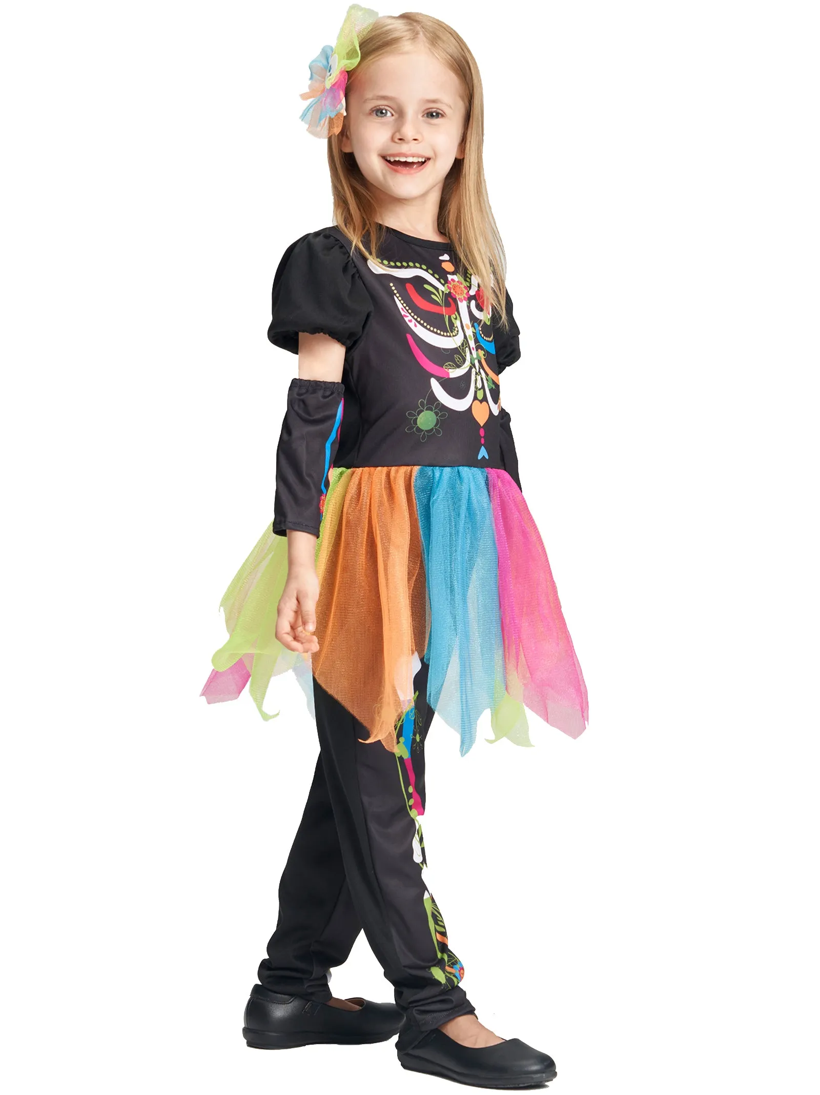 Girls Punky Skeleton Jumpsuit Hairpin Arm Warmers Set Halloween Costume