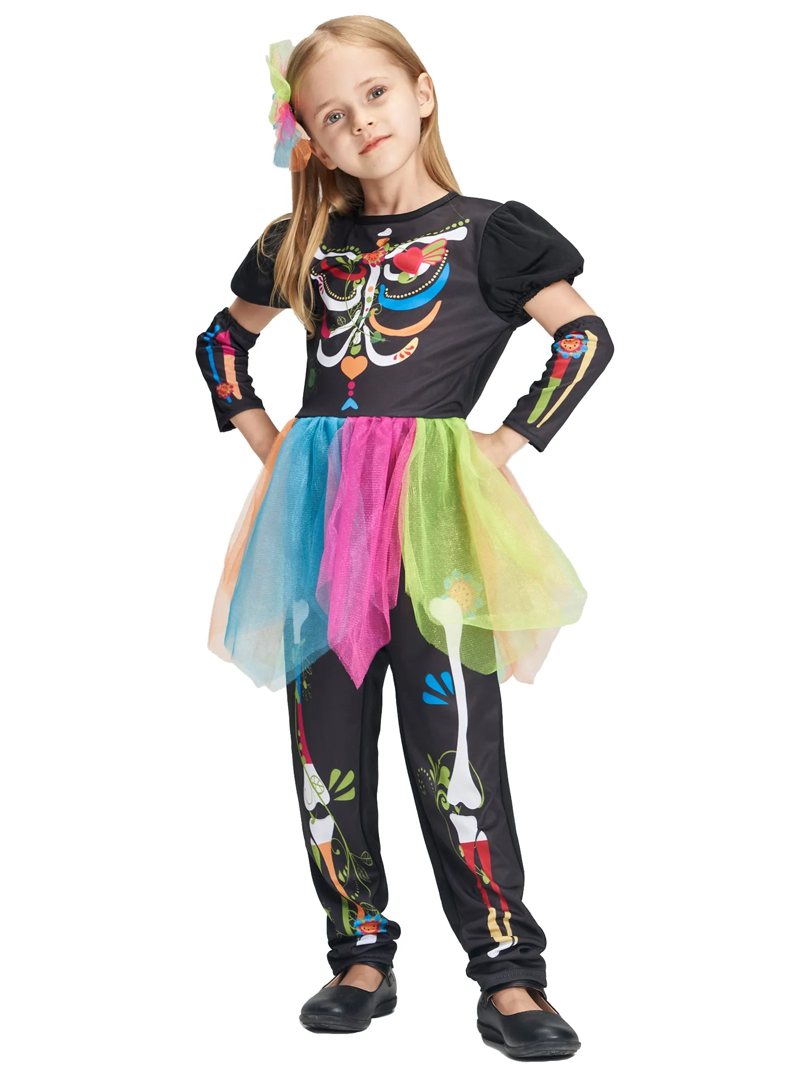 Girls Punky Skeleton Jumpsuit Hairpin Arm Warmers Set Halloween Costume